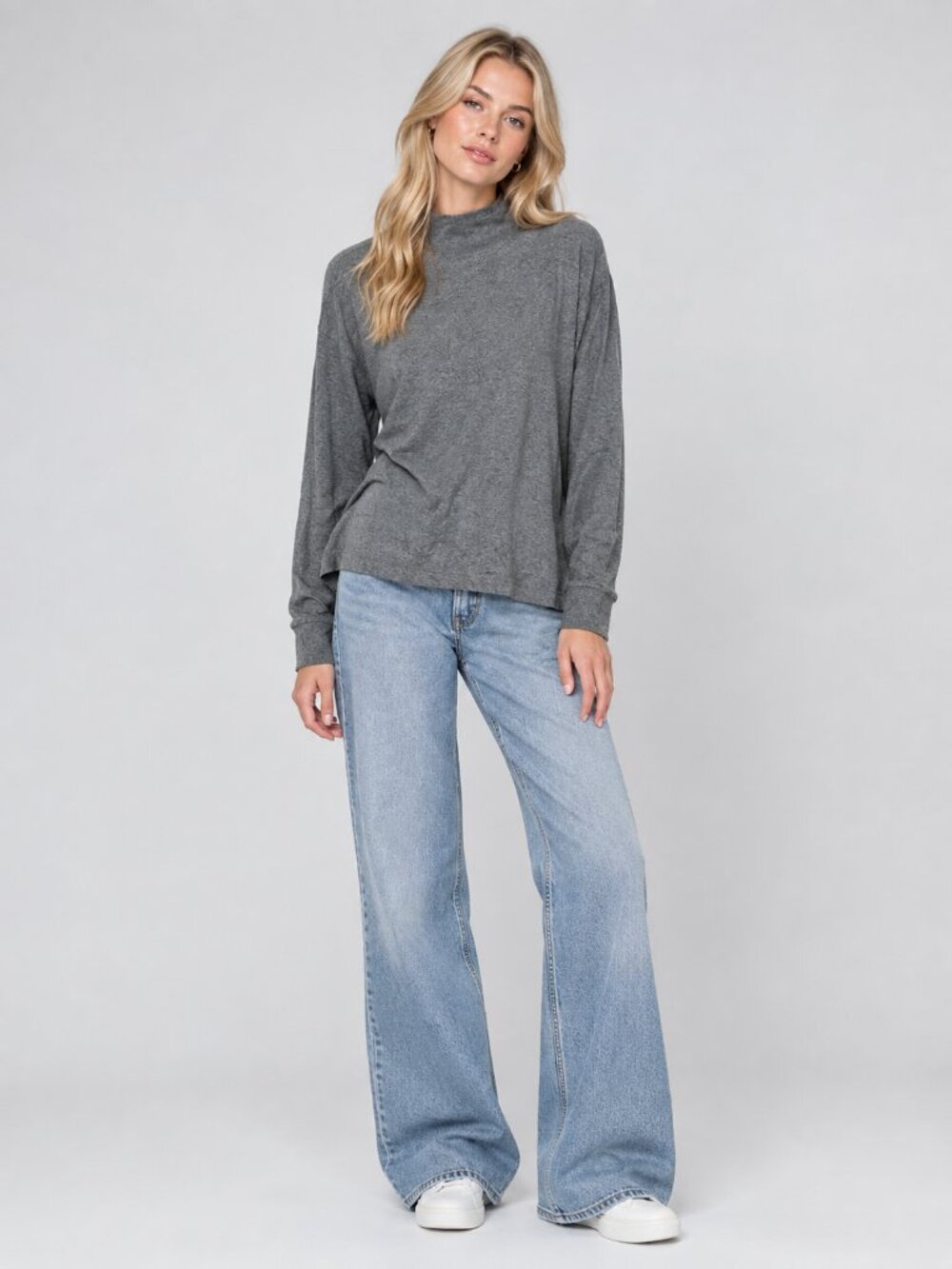 2/$30 Lands' End Cotton Mock Neck Long Sleeve Tee Heather Gray 2X #A6113